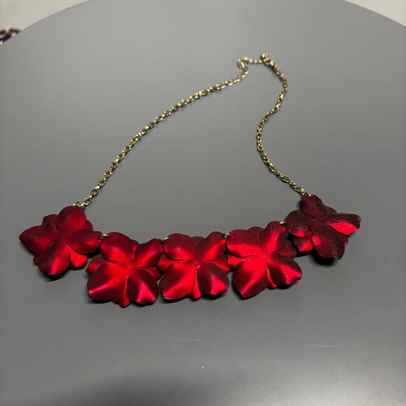 Bold Red Layered Flower Statement Necklace Gold Chain | Glam Floral Jewelry - Picture 11 of 13
